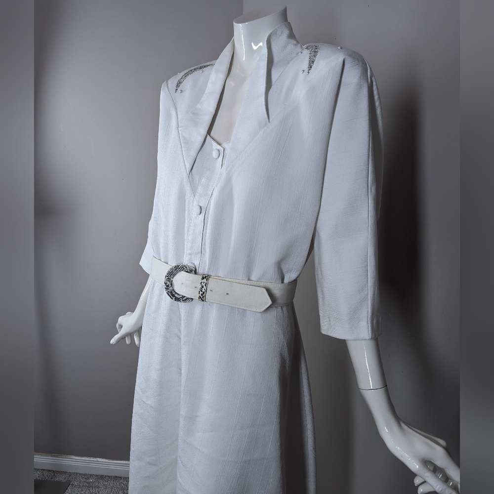 Vintage 80s White Belted Midi Dress Padded Shoulders Secretary Retro Dress